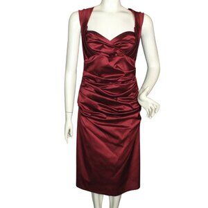 TALBOT RUNHOF Dress, 12/42, Burgundy Stretch Taffeta, Wide Straps, Ruched Zipper